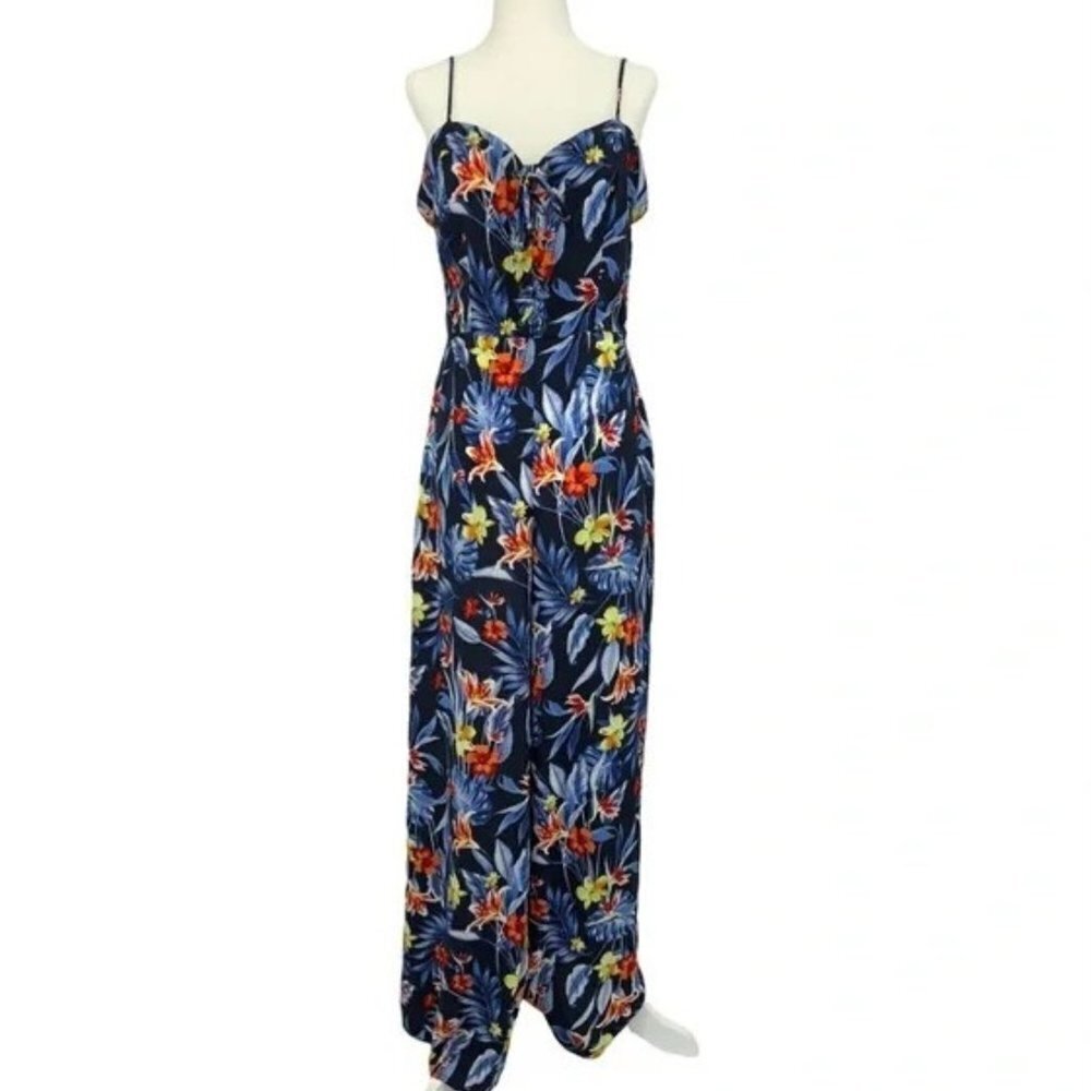 Gypsies & Moondust Women's Tropical Print Lace Up Front Wide Leg Jumpsuit - S